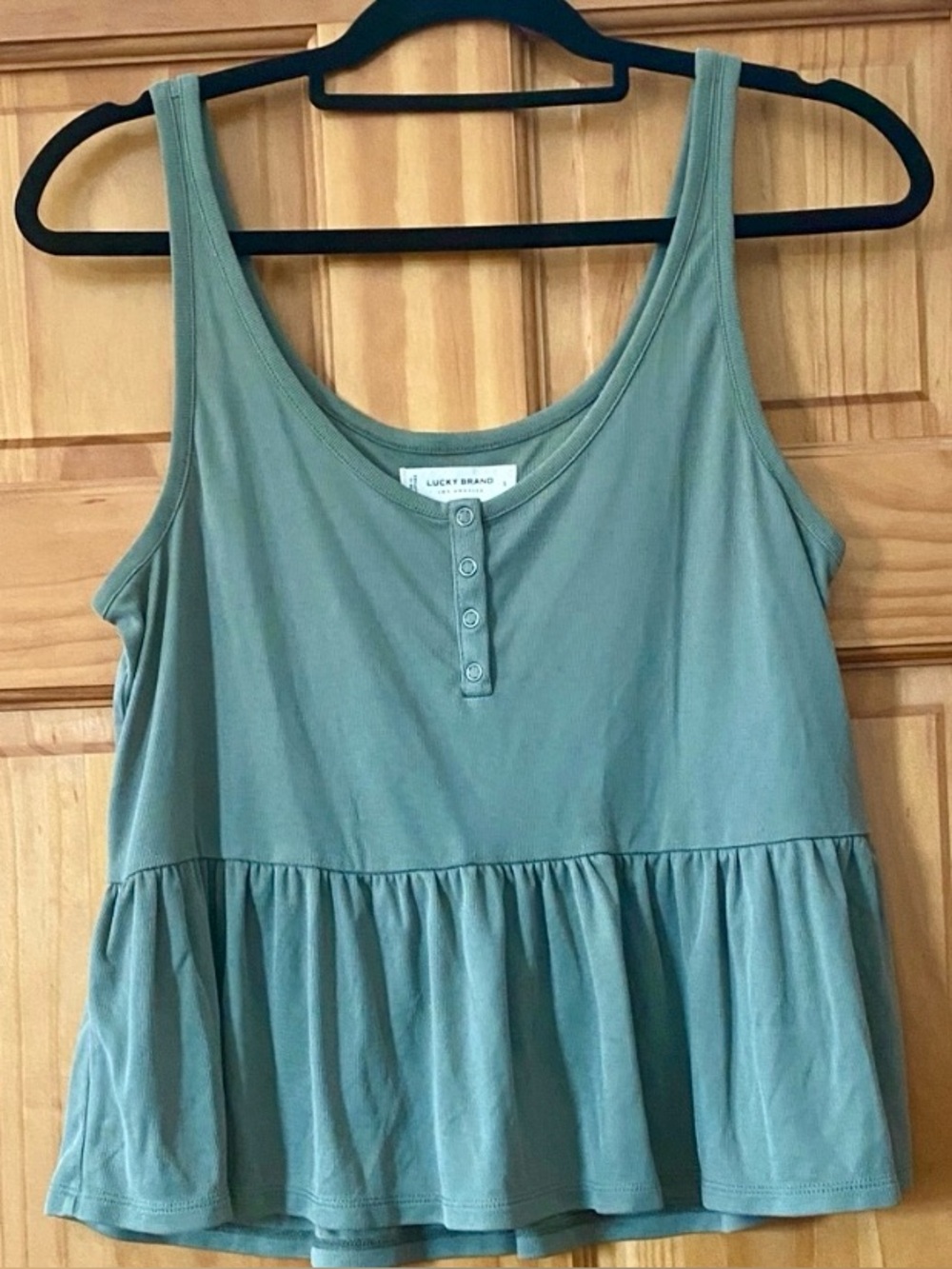 Lucky Brand Olive Green Ribbed Henley Peplum Tank Top Boho Soft Girl S